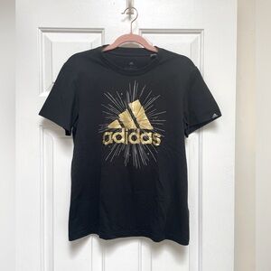 Adidas black t shirt with gold/silver and stars pattern.sz S